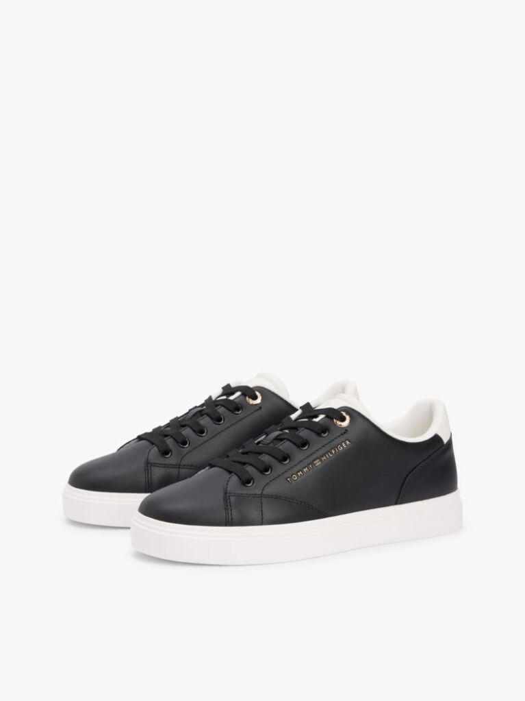 Black Leather Metallic Logo Cupsole Trainers  Women