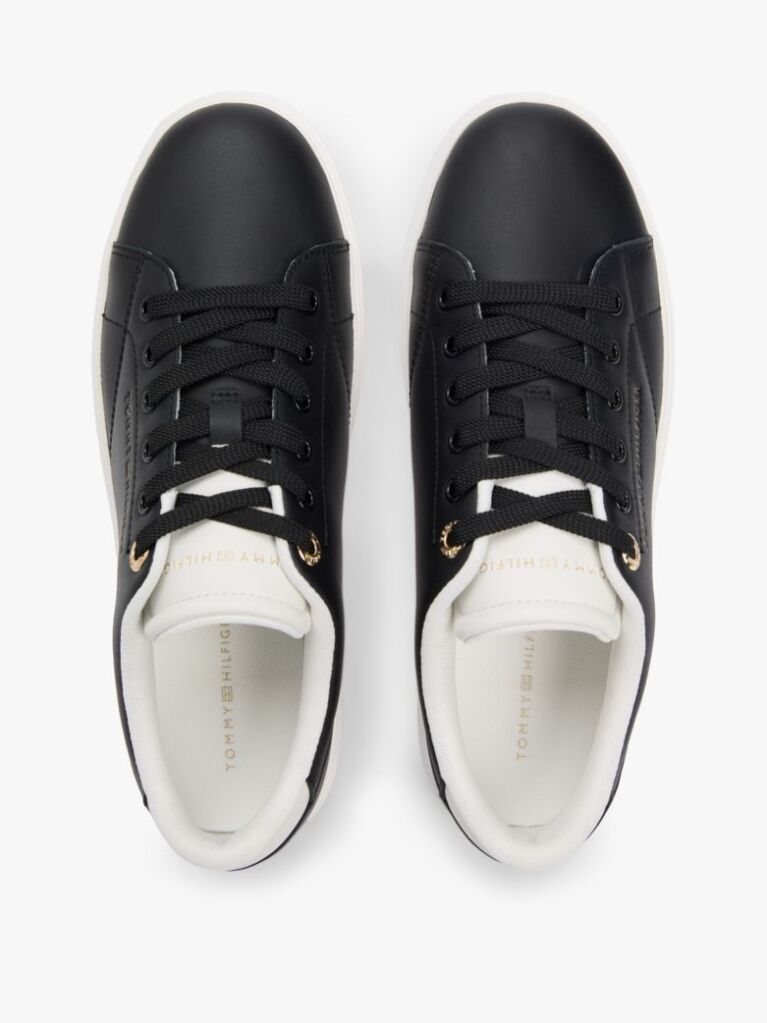 Black Leather Metallic Logo Cupsole Trainers  Women