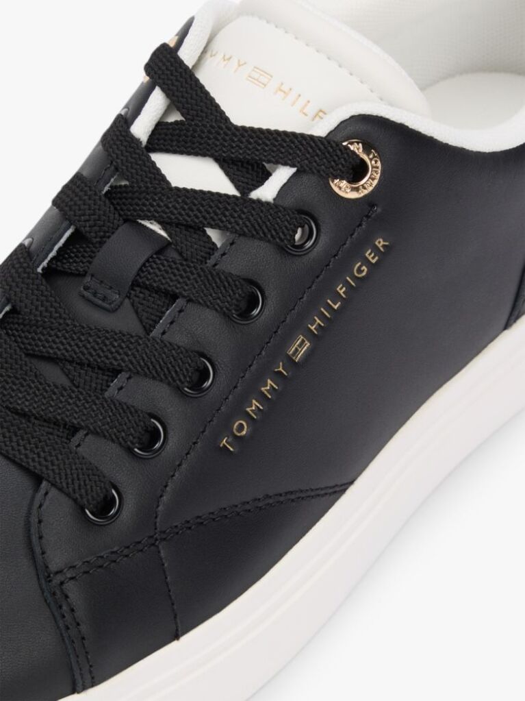 Black Leather Metallic Logo Cupsole Trainers  Women