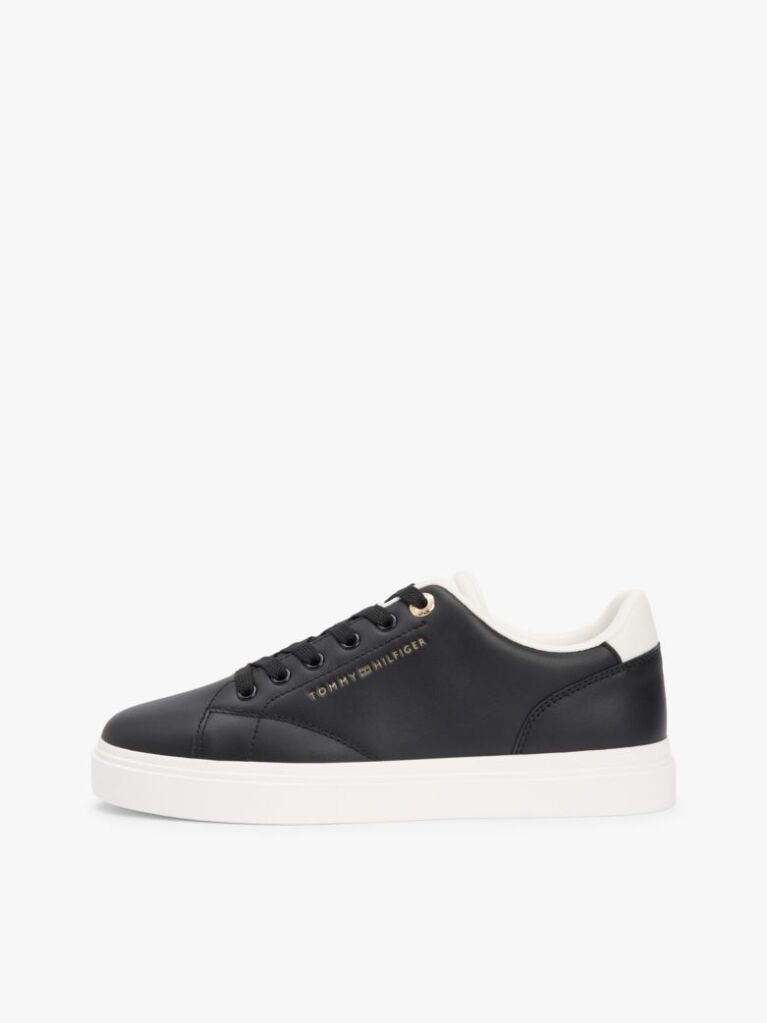 Black Leather Metallic Logo Cupsole Trainers  Women
