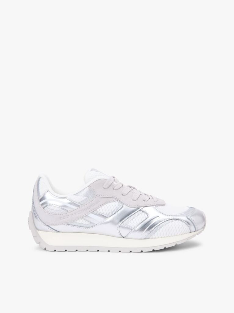 Silver Mixed Texture Metallic Trainers With Leather  Women