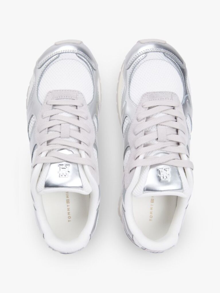 Silver Mixed Texture Metallic Trainers With Leather  Women