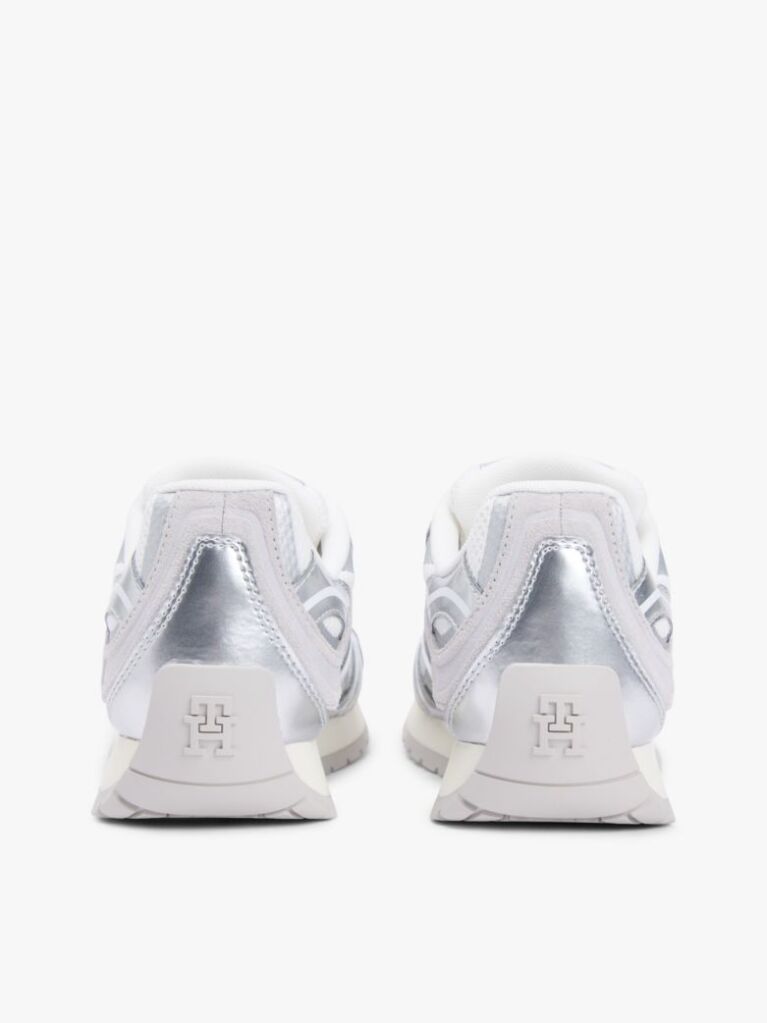 Silver Mixed Texture Metallic Trainers With Leather  Women