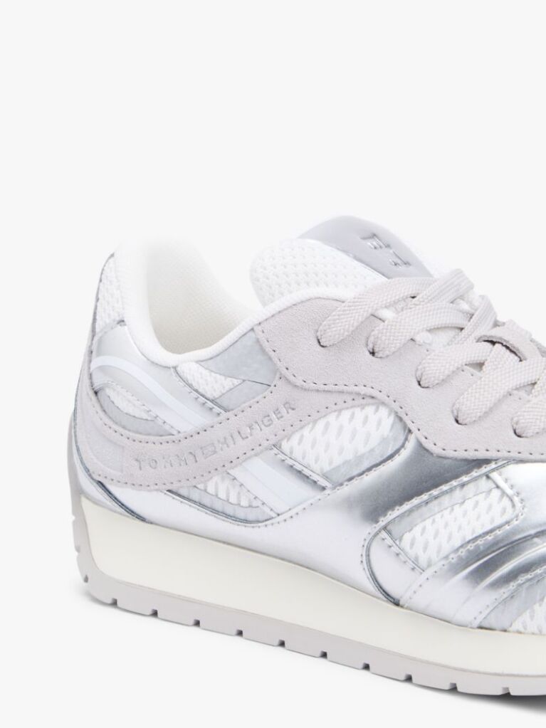Silver Mixed Texture Metallic Trainers With Leather  Women