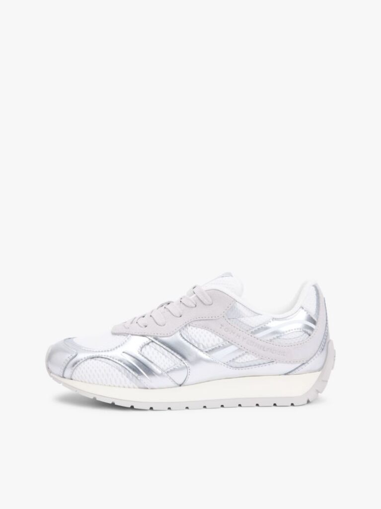Silver Mixed Texture Metallic Trainers With Leather  Women