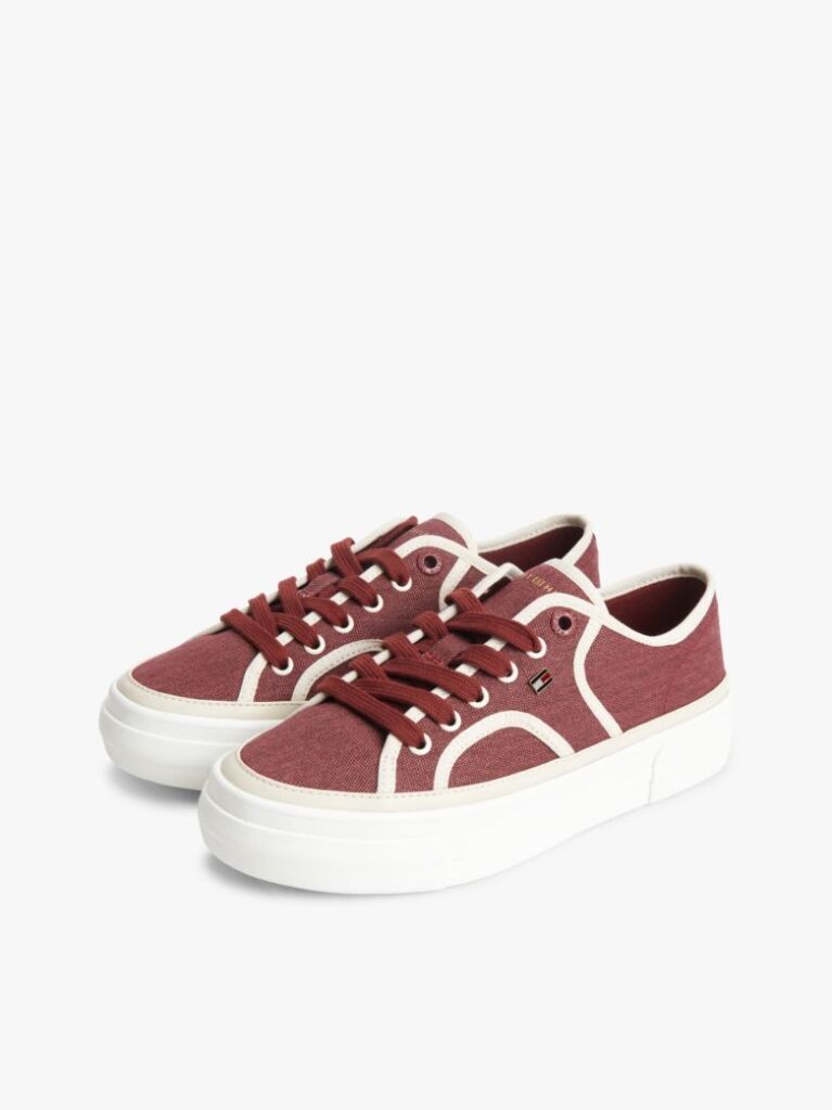 Red Contrast Piping Canvas Platform Trainers  Women
