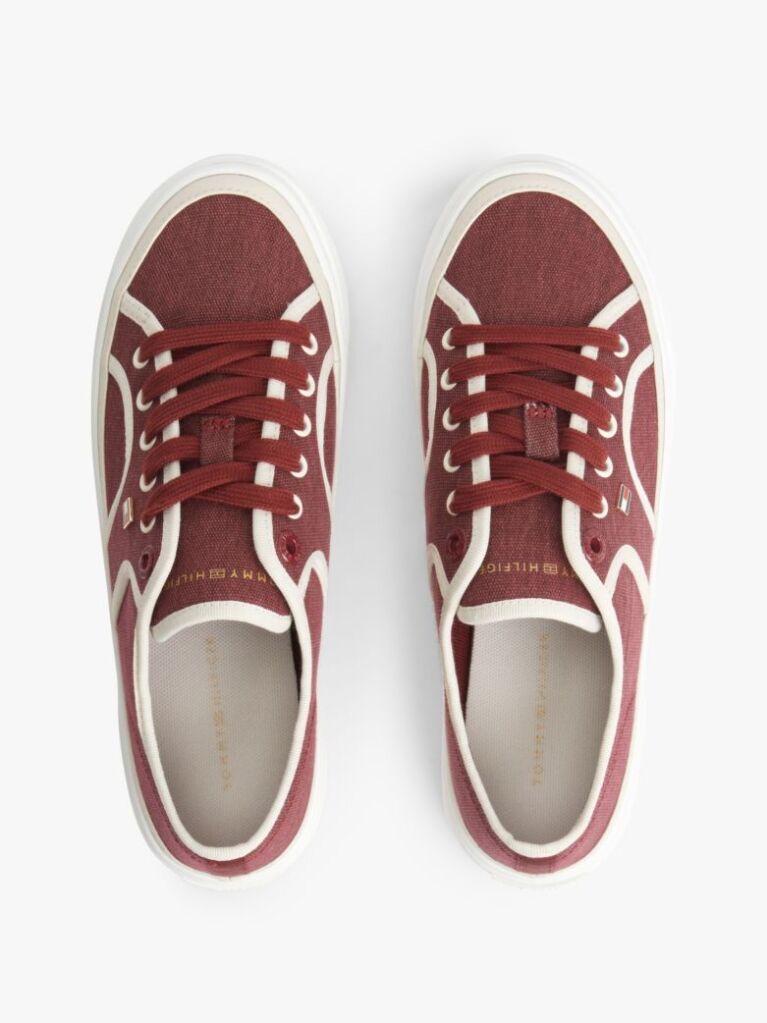 Red Contrast Piping Canvas Platform Trainers  Women