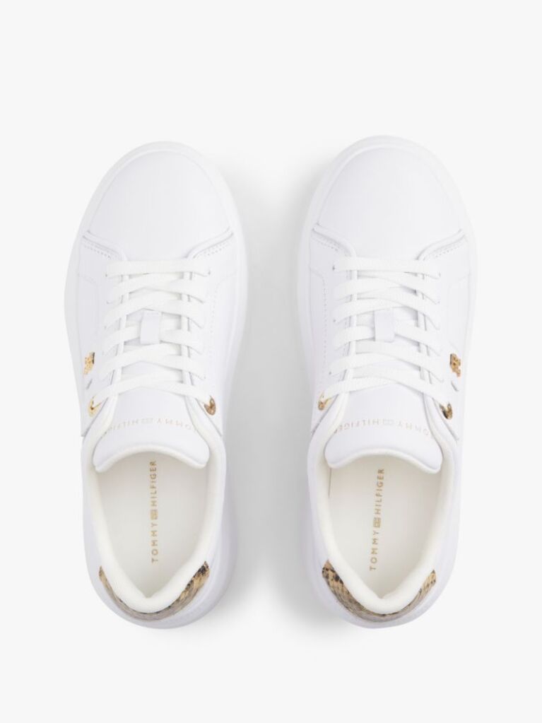 White Snake Print Heel Leather Platform Trainers  Women