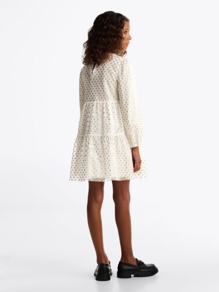 White Metallic Star Mesh Flare Dress  Girls