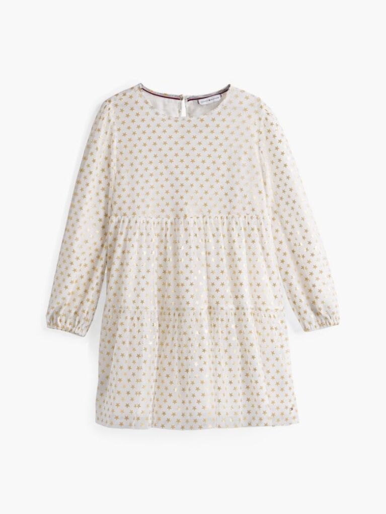 White Metallic Star Mesh Flare Dress  Girls