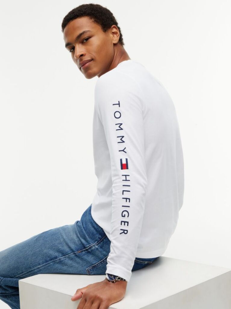 White Organic Jersey Logo Long Sleeve T-Shirt  Men