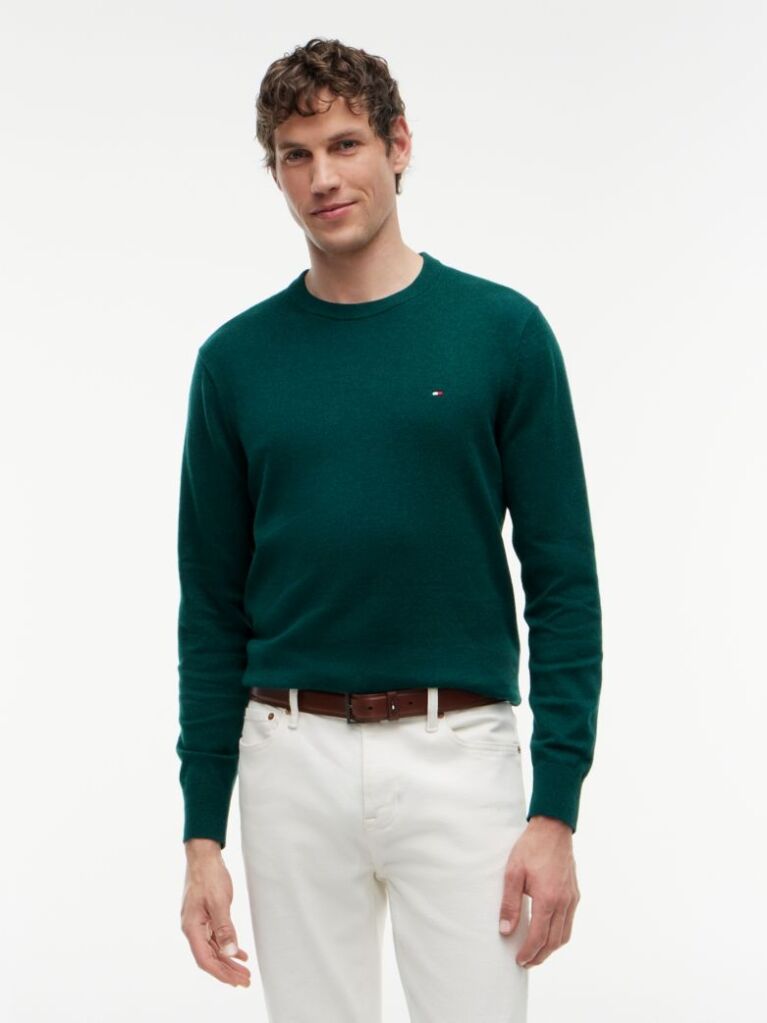 Green Cotton Cashmere Crew Neck Jumper.  Men
