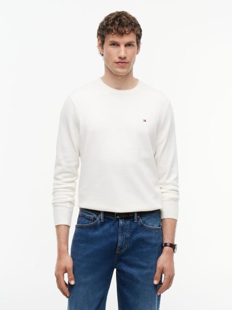 Beige Cotton Cashmere Crew Neck Jumper.  Men