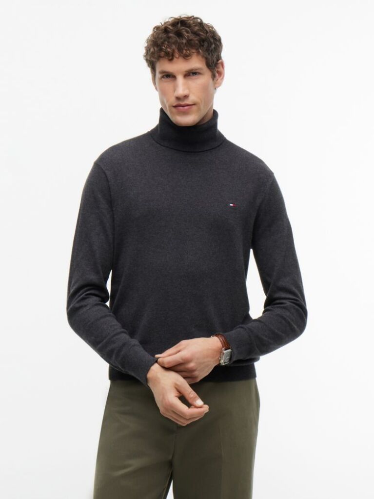 Grey Cotton Cashmere Roll Neck Jumper  Men