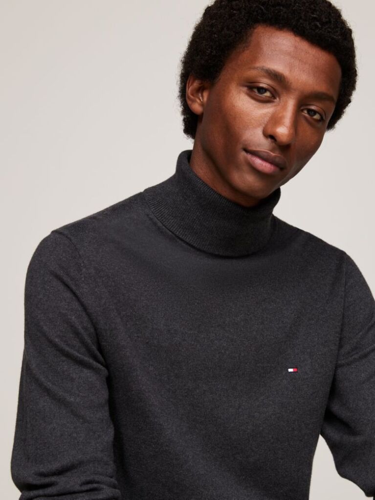Grey Cotton Cashmere Roll Neck Jumper  Men