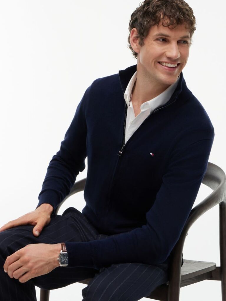 Blue Cotton Cashmere Zip-Thru Cardigan  Men