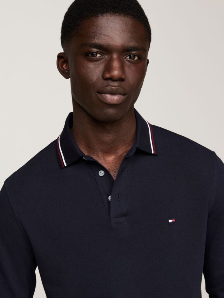 Blue Tipped Long Sleeve Slim Polo Shirt  Men