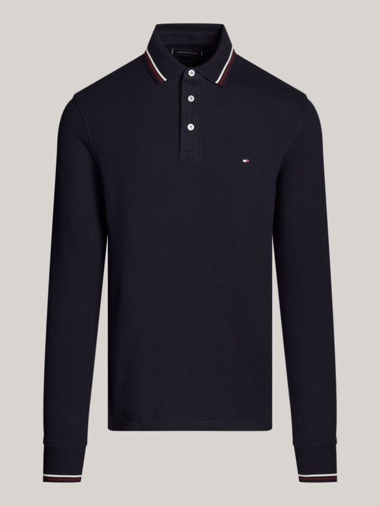 Blue Tipped Long Sleeve Slim Polo Shirt  Men