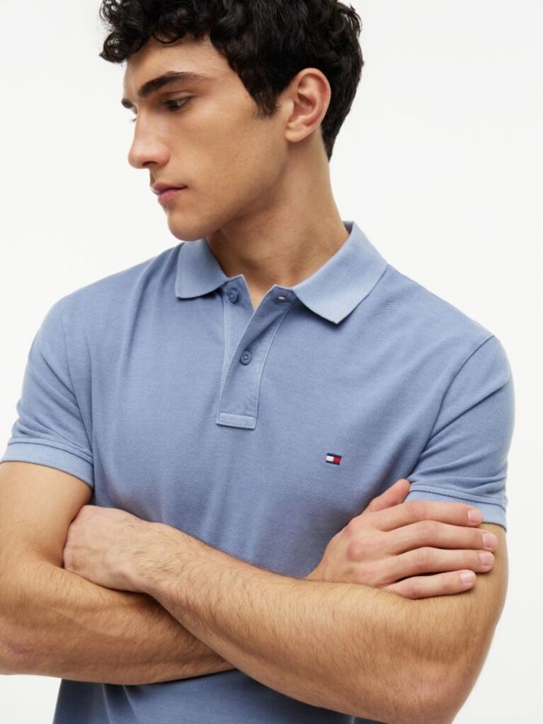 Blue Garment Dyed Flag Embroidery Regular Polo  Men