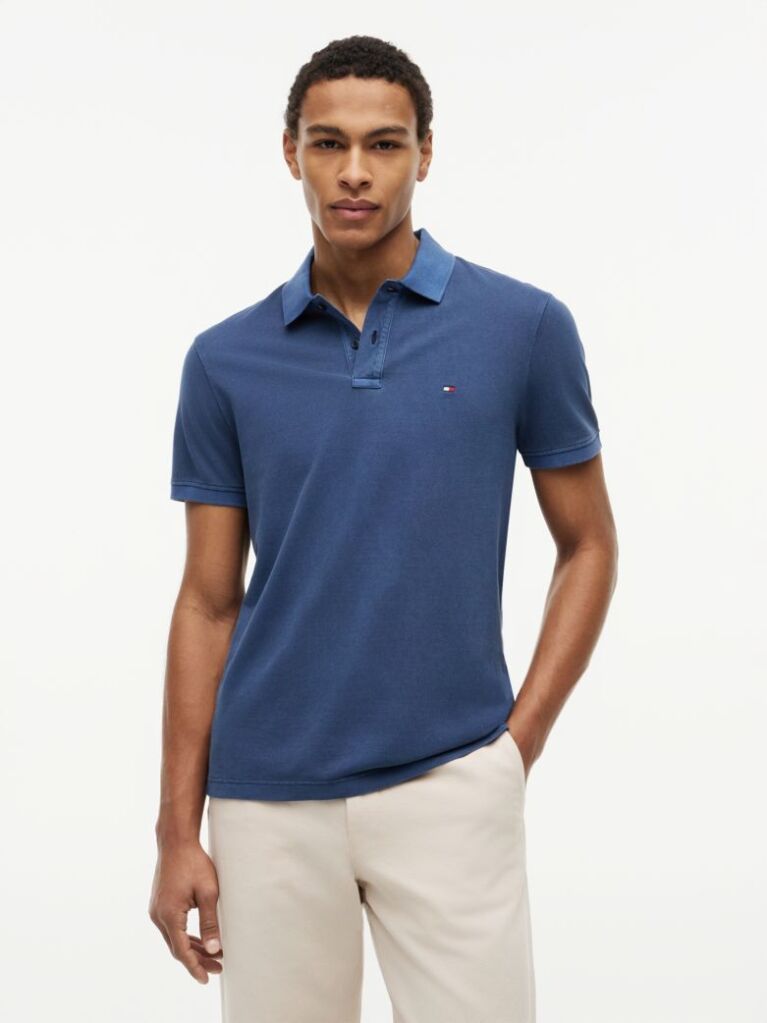 Blue Garment Dyed Flag Embroidery Regular Polo  Men