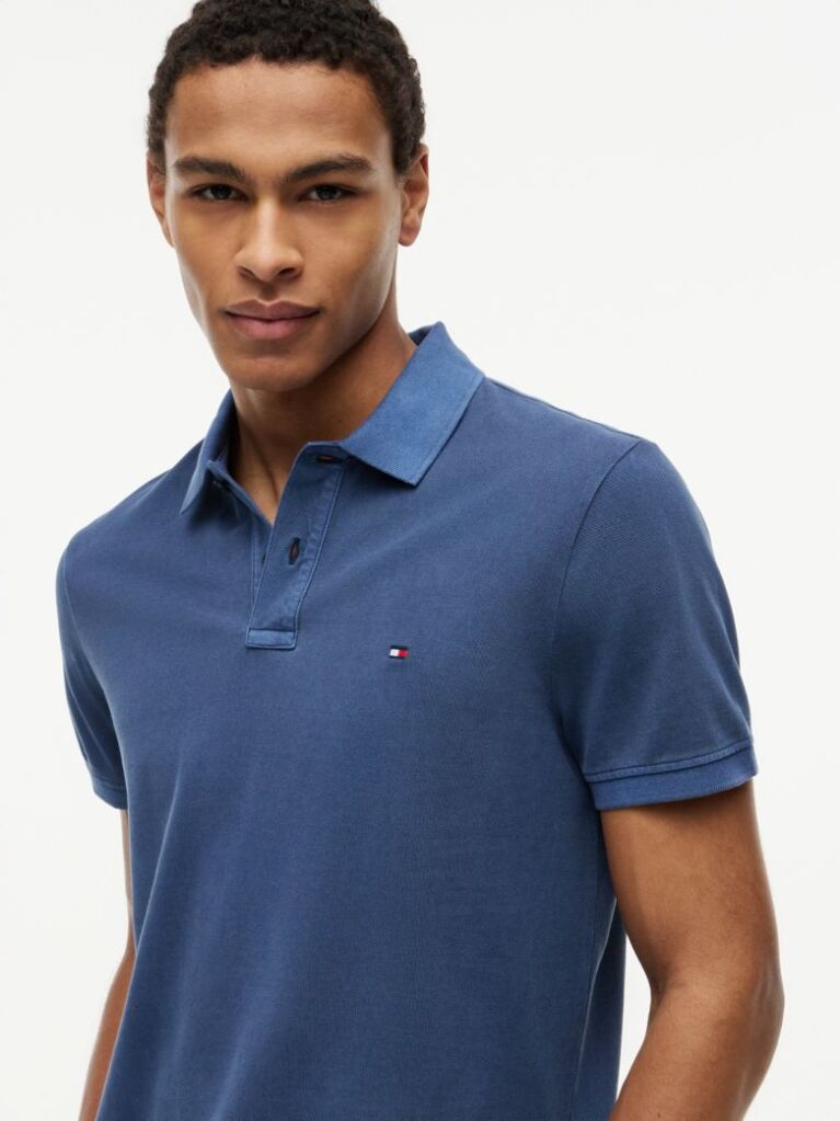Blue Garment Dyed Flag Embroidery Regular Polo  Men