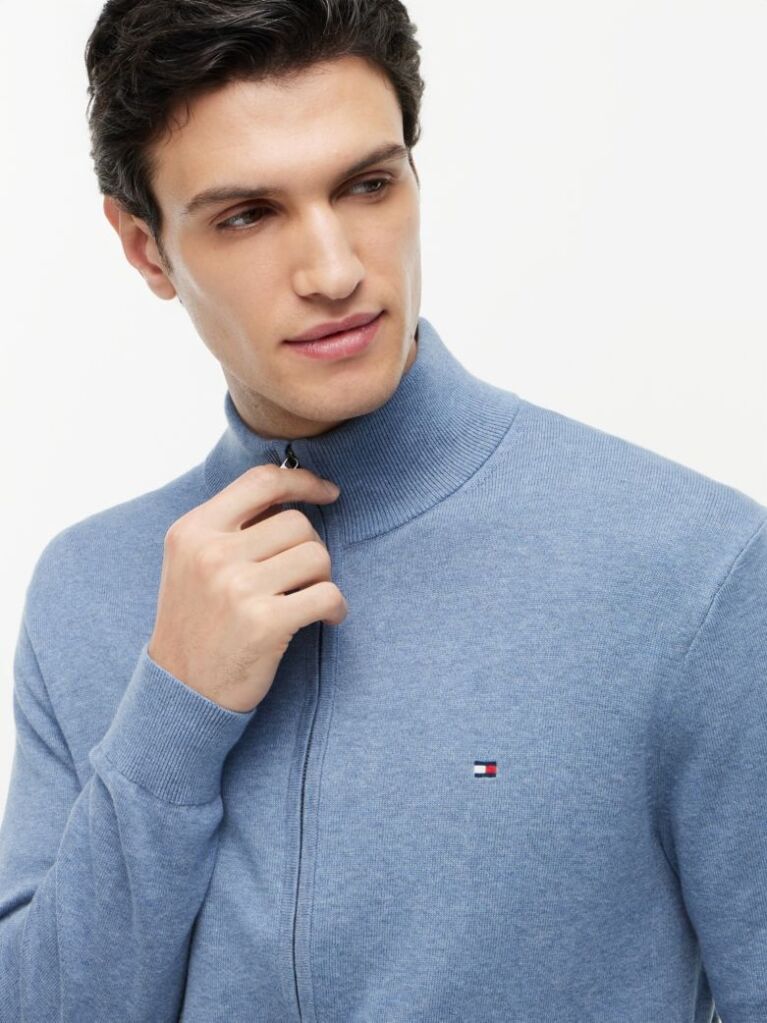 Blue Mock Turtleneck Zip-Thru Cardigan  Men