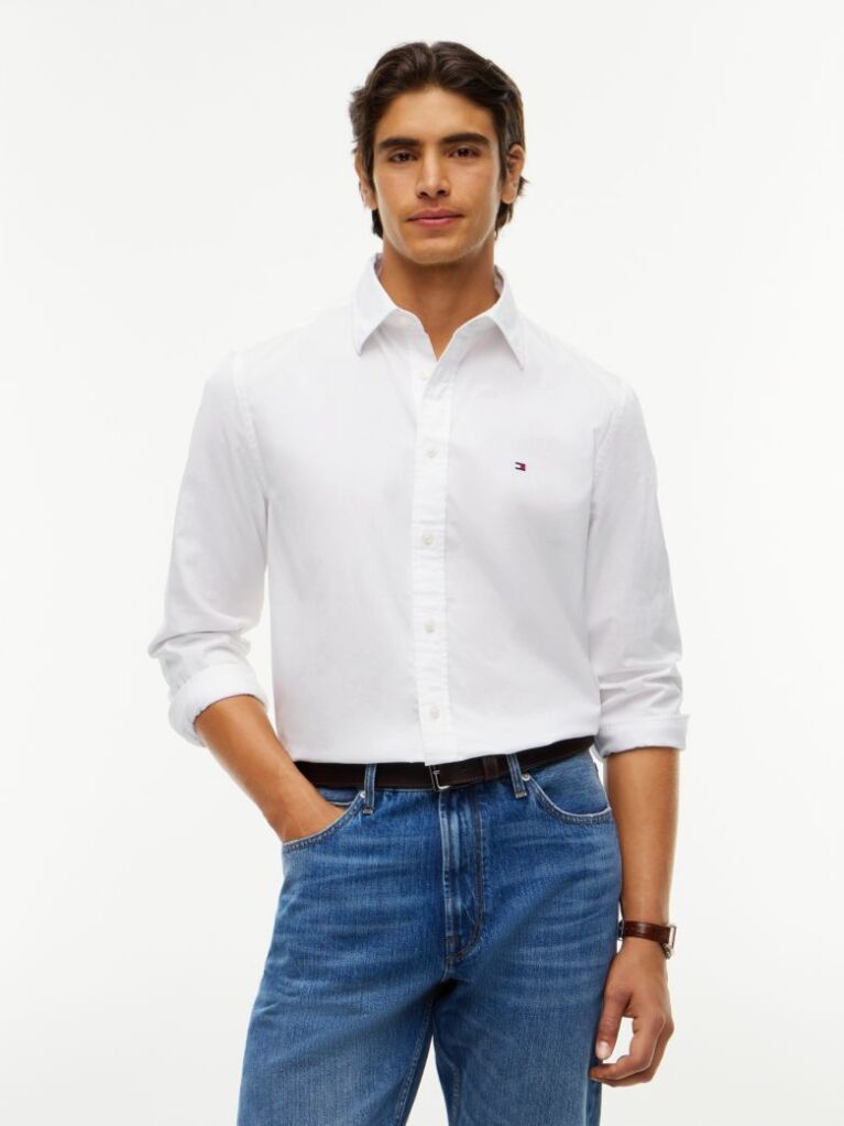 White Flex Poplin Slim Shirt  Men