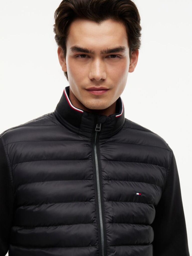 Black Mixed Texture Quilted Zip-Thru Sweatshirt  Men