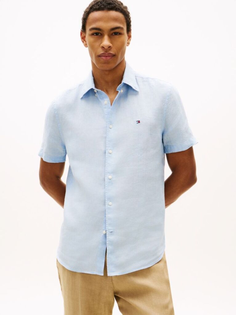 Blue Regular Fit Washed Linen Short Sleeve Shirt  Men