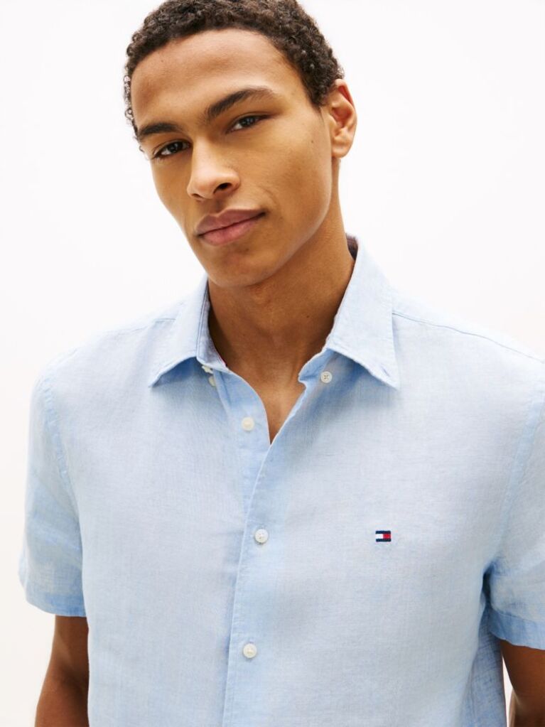 Blue Regular Fit Washed Linen Short Sleeve Shirt  Men