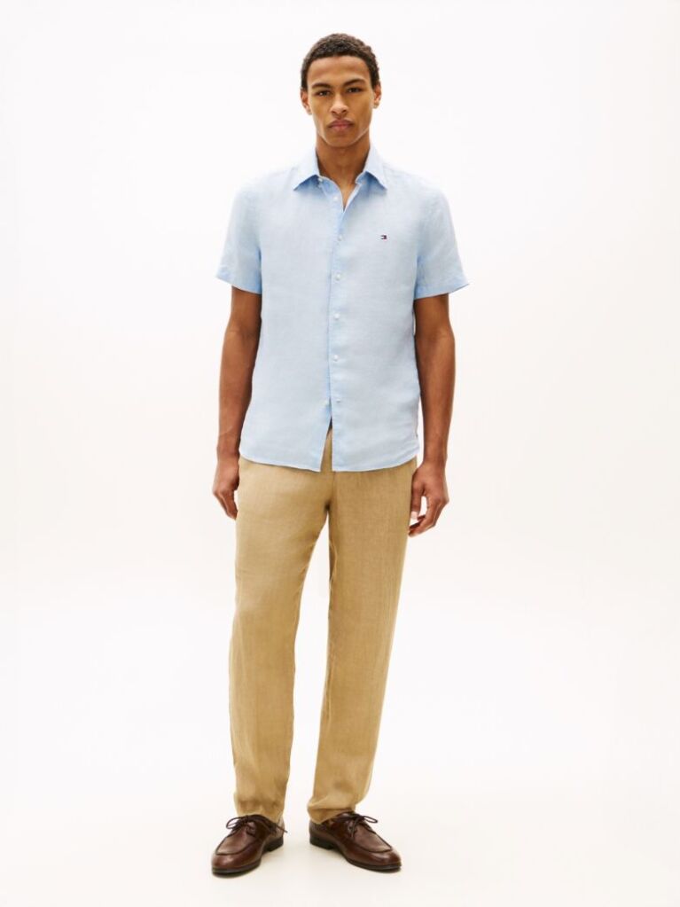 Blue Regular Fit Washed Linen Short Sleeve Shirt  Men
