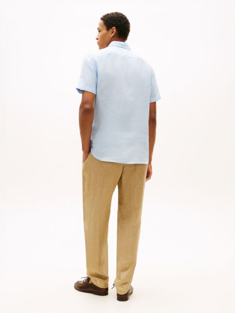Blue Regular Fit Washed Linen Short Sleeve Shirt  Men