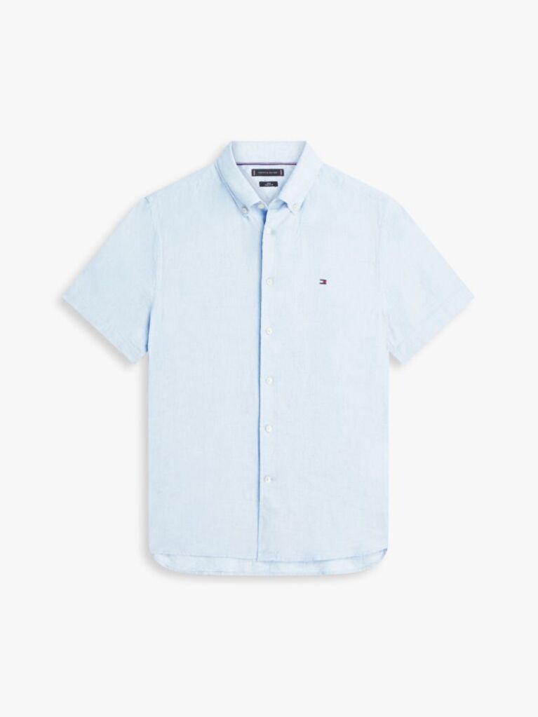 Blue Regular Fit Washed Linen Short Sleeve Shirt  Men