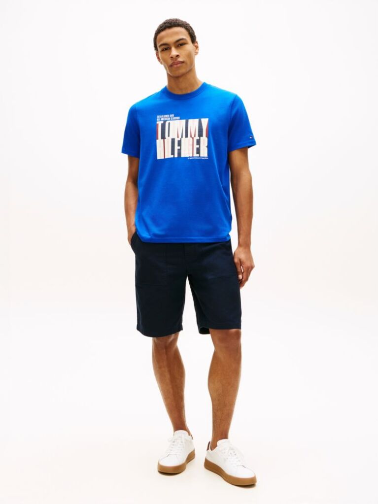 Blue Multicolour Logo Graphic Crew Neck T-Shirt  Men