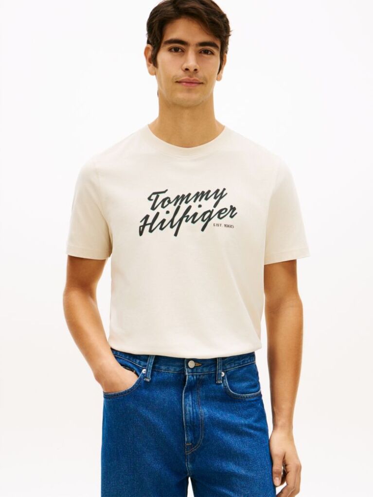 Beige Logo Graphic Crew Neck T-Shirt  Men
