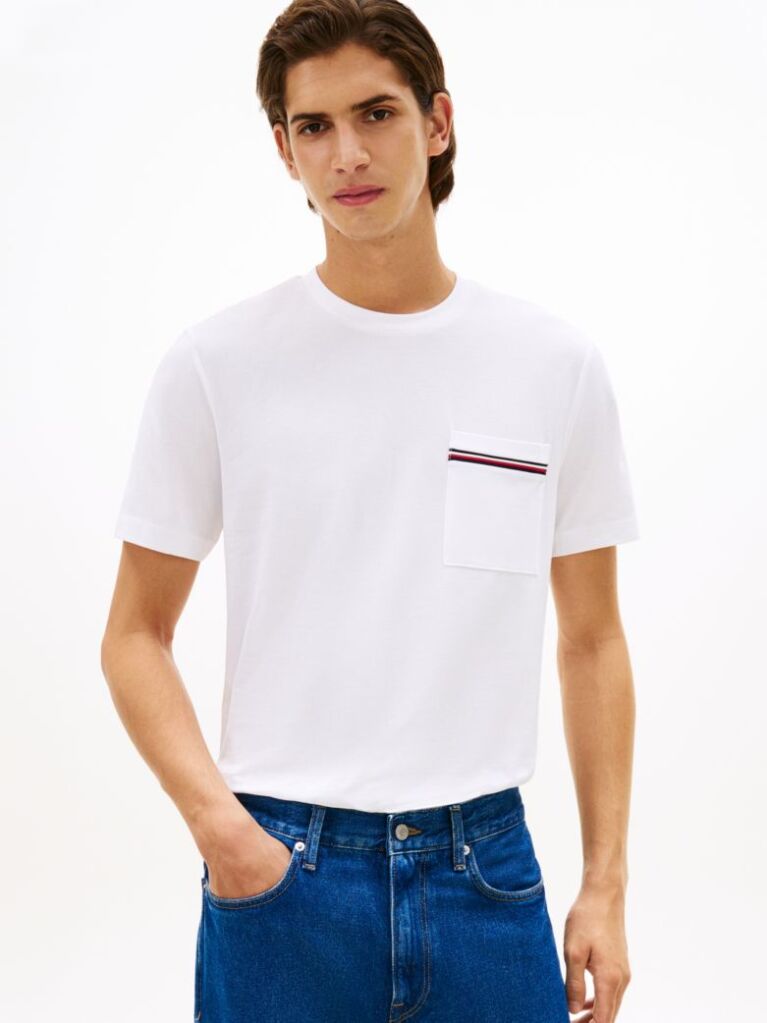 Άσπρο Βαμβακερό T-Shirt Πικέ Με Τσέπη  Άνδρες