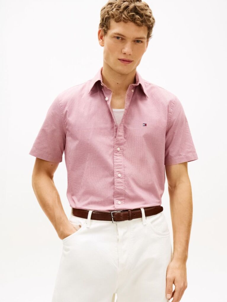 Red Regular Fit Houndstooth Short Sleeve Shirt  Men