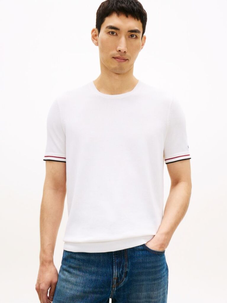 White Smart Casual Tipped Technical Knit T-Shirt  Men