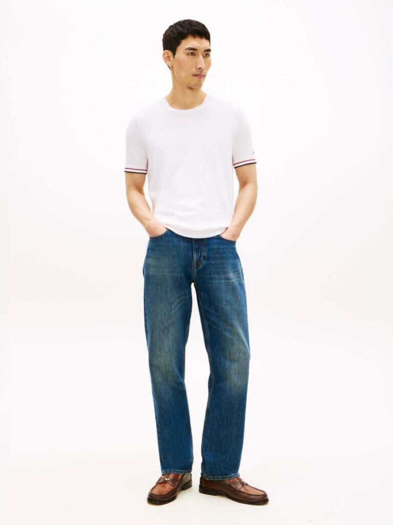 White Smart Casual Tipped Technical Knit T-Shirt  Men