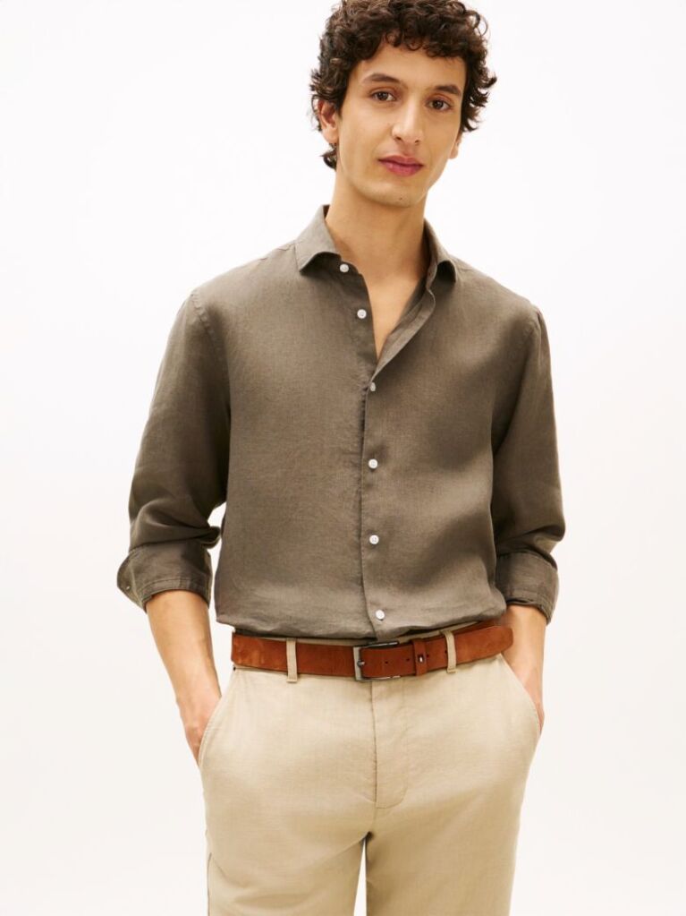 Πράσινο Smart Casual Λινό Πουκάμισο Σε Slim Γραμμή  Άνδρες