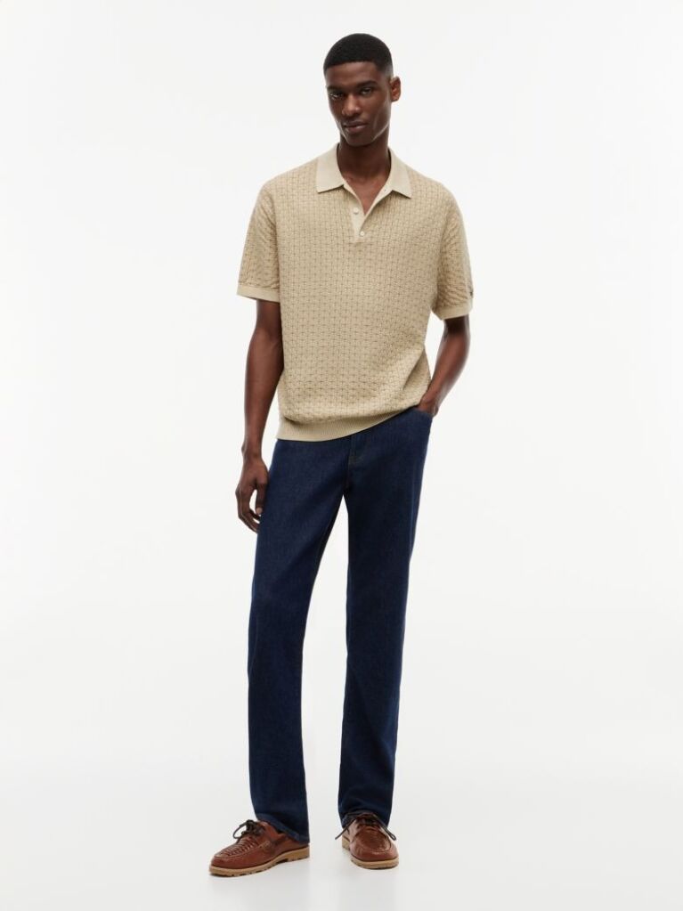 Beige Relaxed Fit Washed Structured Polo Shirt  Men