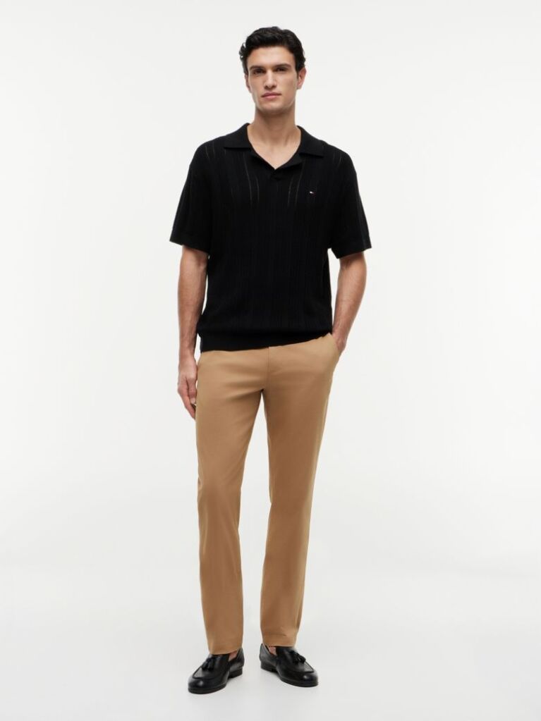 Black Relaxed Pointelle Structured Polo Shirt With Linen  Men