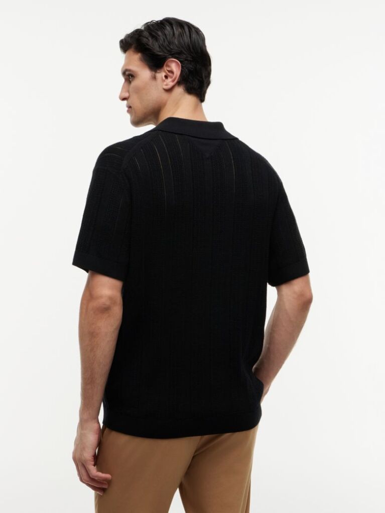 Black Relaxed Pointelle Structured Polo Shirt With Linen  Men