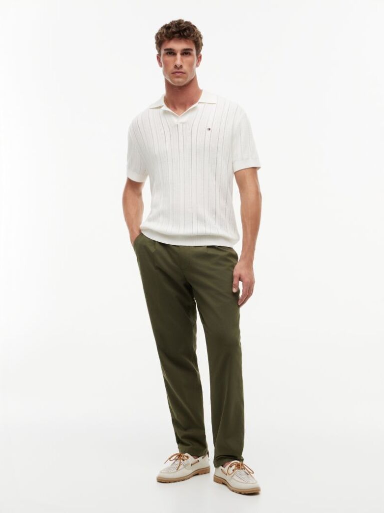 Beige Relaxed Pointelle Structured Polo Shirt With Linen  Men