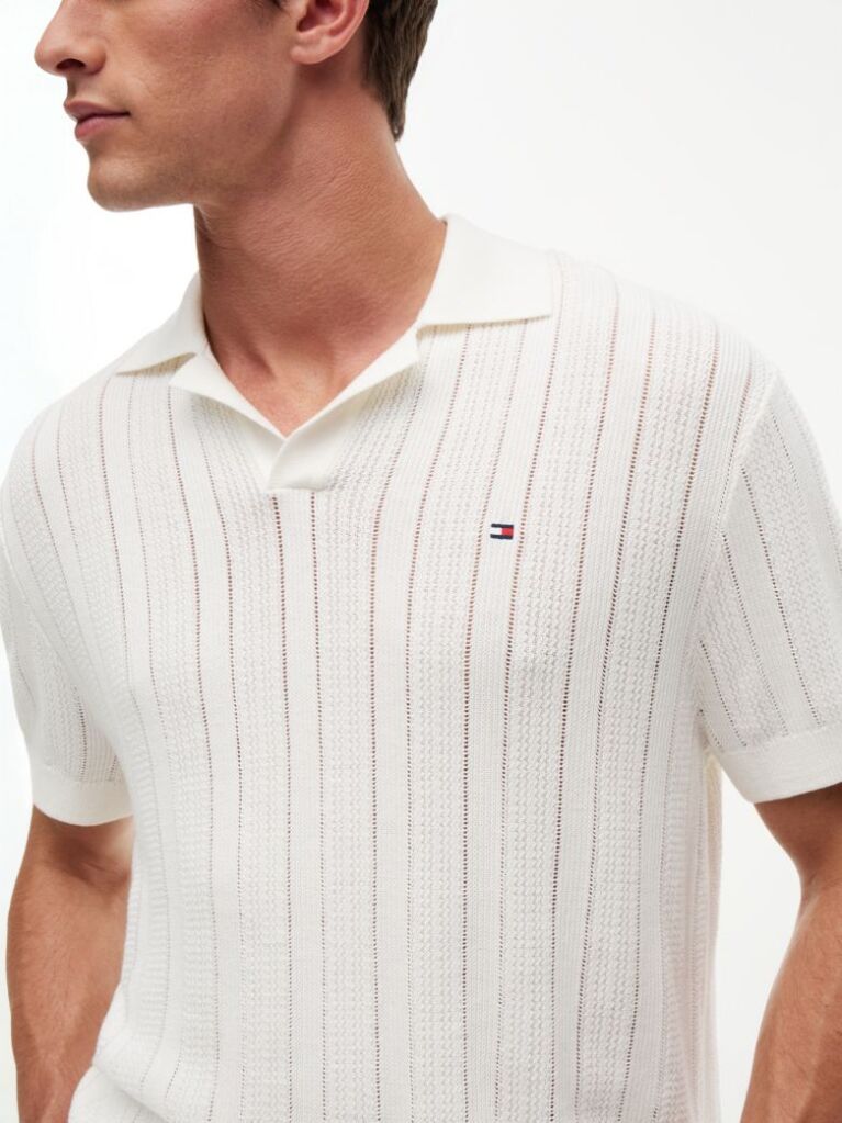 Beige Relaxed Pointelle Structured Polo Shirt With Linen  Men