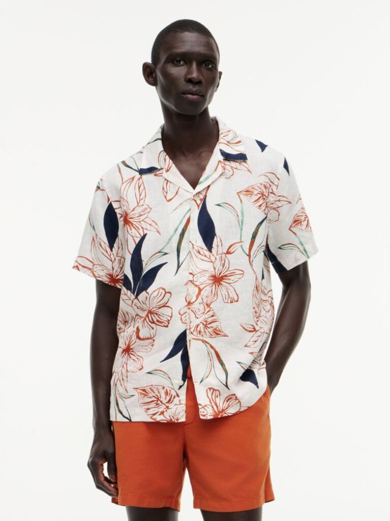 Multi Regular Tropical Print Linen Short Sleeve Shirt  Men