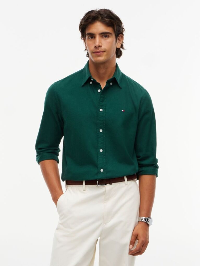 Green Regular Fit Herringbone Flannel Button-Down Shirt  Men