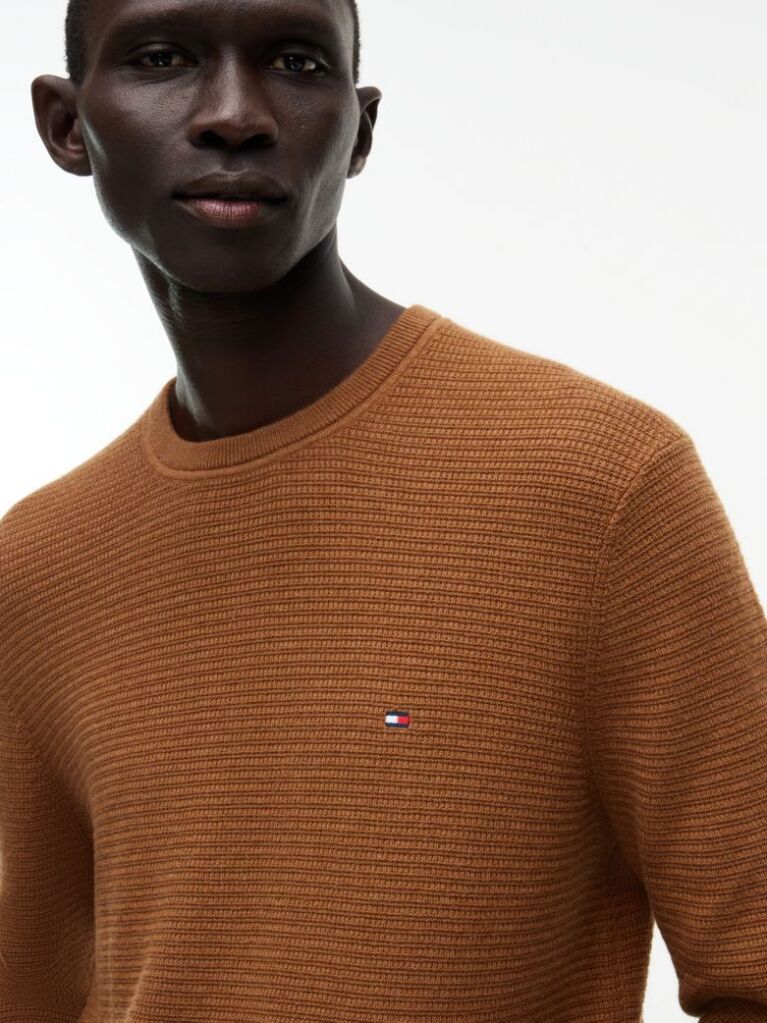 Brown Textured Crew Neck Jumper With Cashmere  Men
