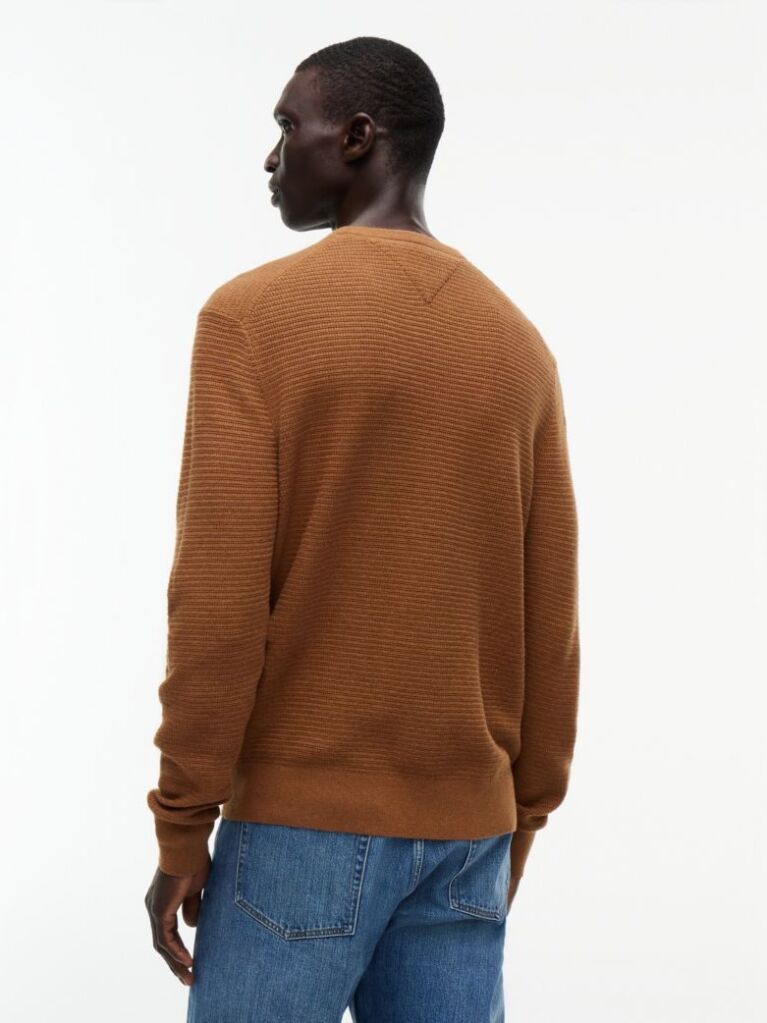 Brown Textured Crew Neck Jumper With Cashmere  Men