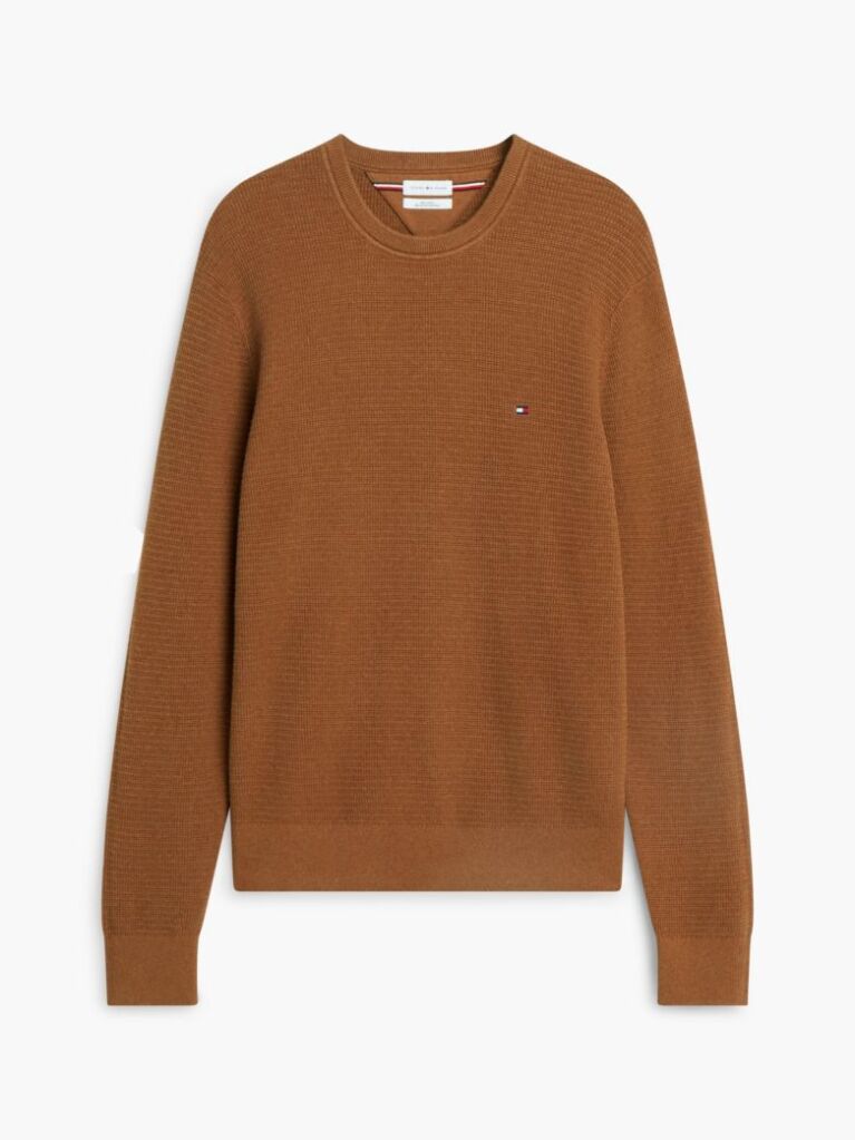 Brown Textured Crew Neck Jumper With Cashmere  Men